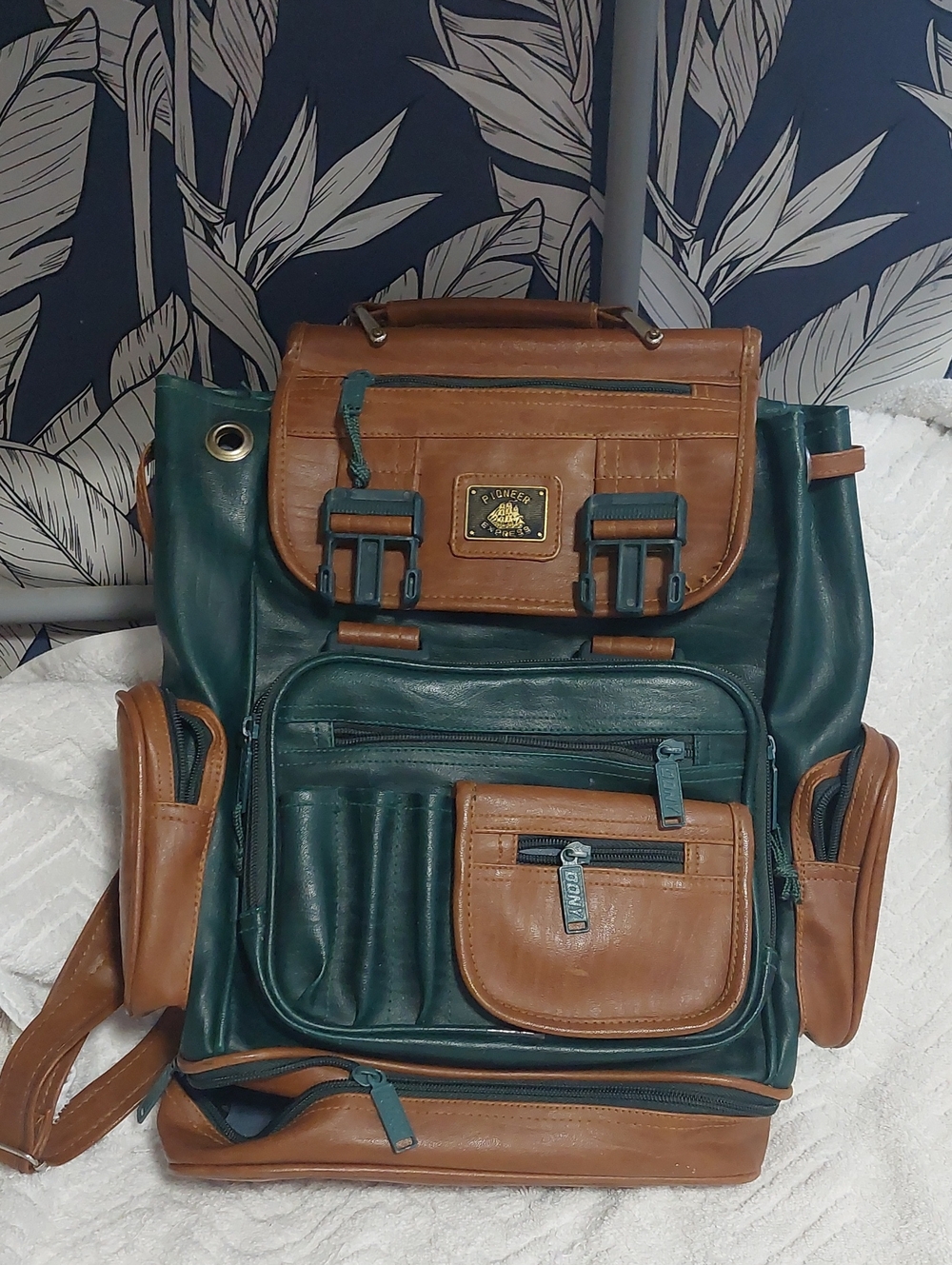 Green & Brown Leather Backpack with Multiple Compartments